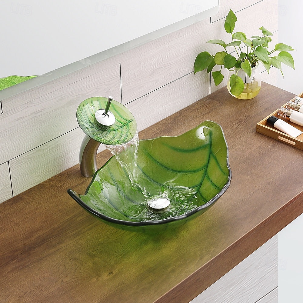 Modern Leaf-Shaped Glass Vessel Sink, Single-Handle Waterfall Spout Faucet Combo with Pop-Up Drain, Multi- / Bronze / Black / Gold