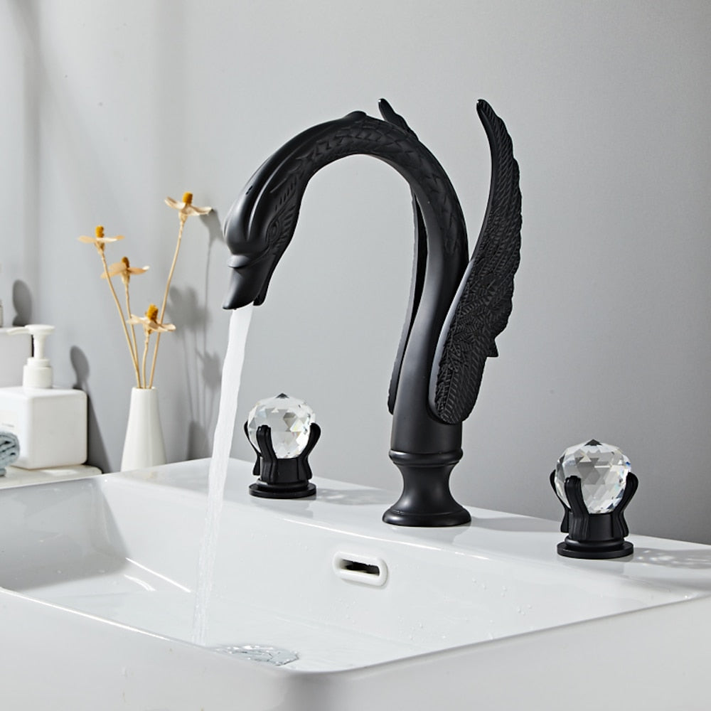Swan-Shaped Widespread Bathroom Faucet, Double-Handle Brass Basin Faucet with Crystal Knob Handles, Antique Brass / Polished Gold / Chrome / Matte Black