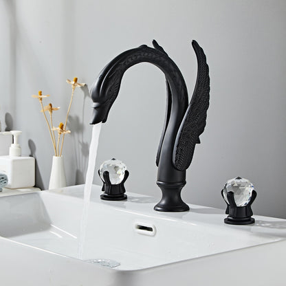 Swan-Shaped Widespread Bathroom Faucet, Double-Handle Brass Basin Faucet with Crystal Knob Handles, Antique Brass / Polished Gold / Chrome / Matte Black