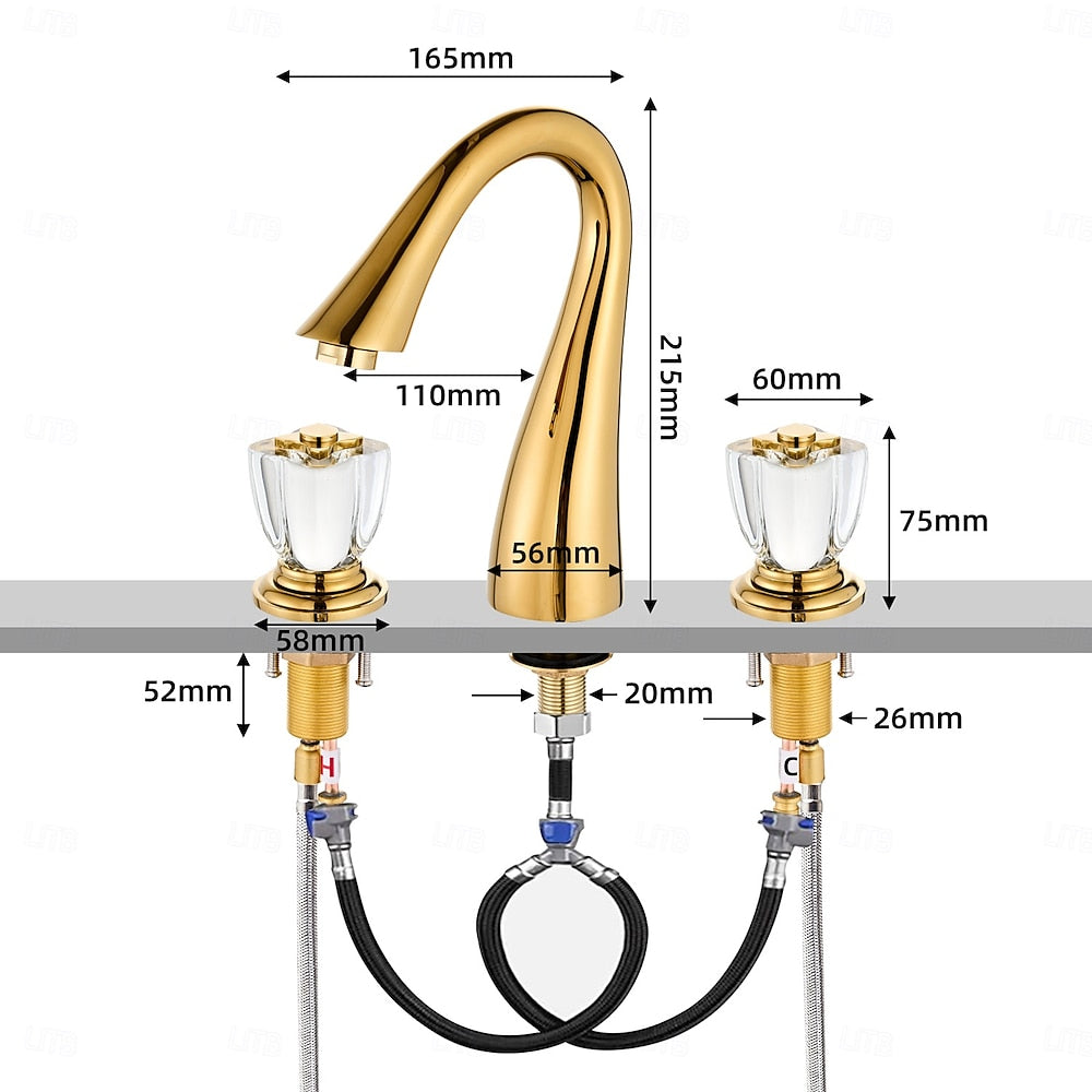Polished Gold Modern Widespread Bathroom Faucet, Double Crystal Handle 3-Hole Faucet with High Arc Spout