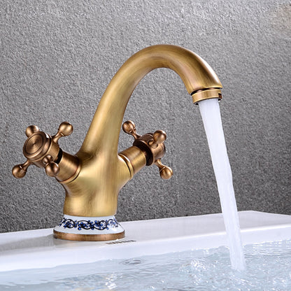 Vintage Single-Hole Bathroom Faucet, Dual Cross Handle Brass Faucet