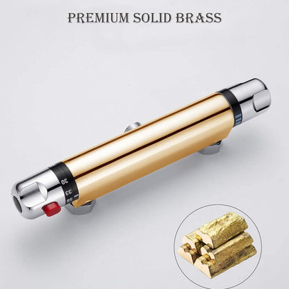 Chrome Wall-Mount Thermostatic Shower Valve, Dual-Knob Brass Mixer Bar with 38°C Safety Button
