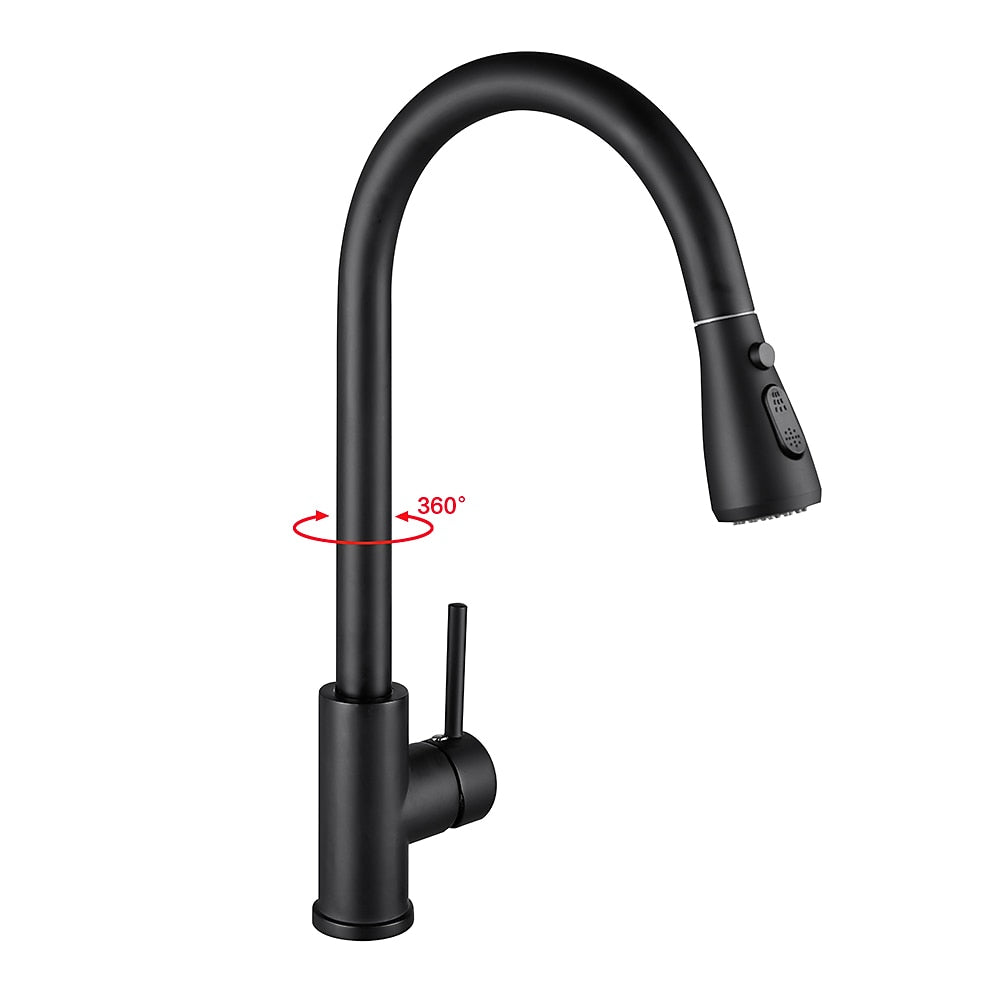 Matte Black Modern Single-Hole Kitchen Faucet, Single-Handle Pull-Down Sprayer Faucet