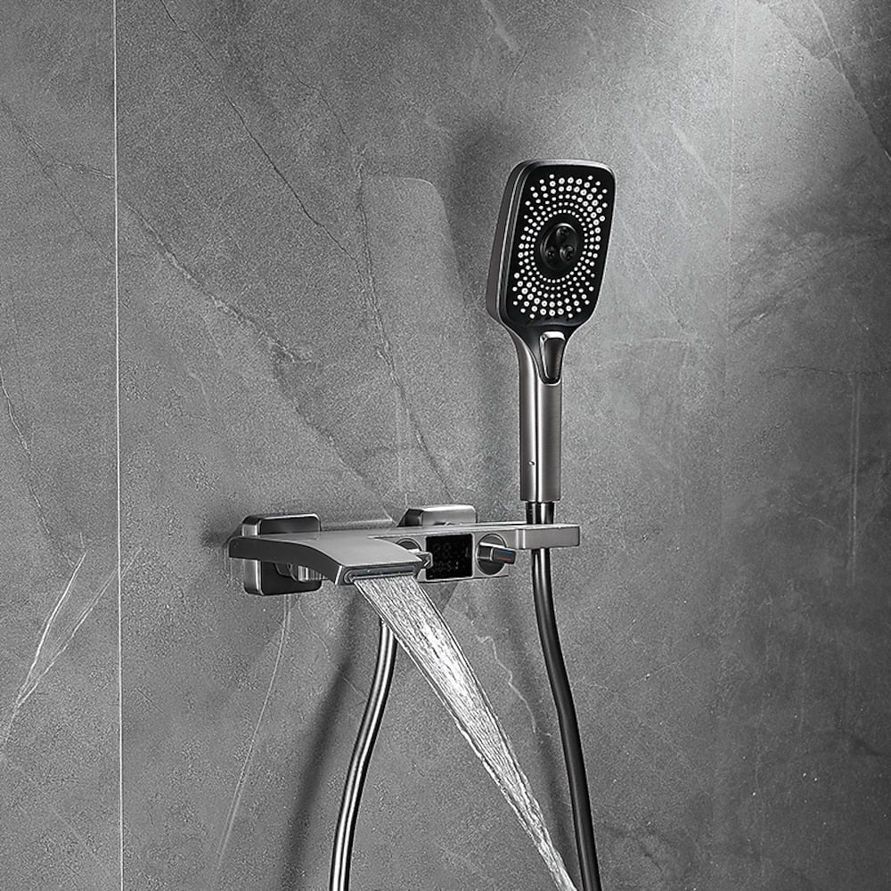 Wall-Mount Waterfall Tub Faucet, Dual-Handle Bath Mixer Tap with Handheld Shower