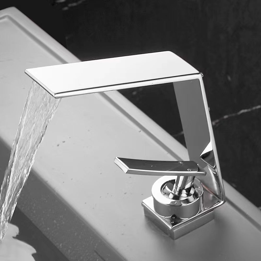 Waterfall Bathroom Faucet, Modern Single-Hole Single-Handle Faucet with Pop-Up Drain, Chrome / Matte Black / Gunmetal