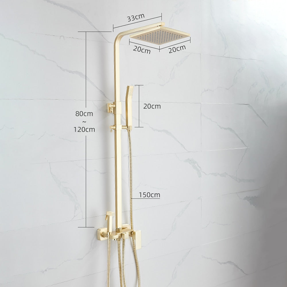 Brushed Gold Wall-Mounted Rainfall Shower System, Handheld Shower / Tub Spout Faucet