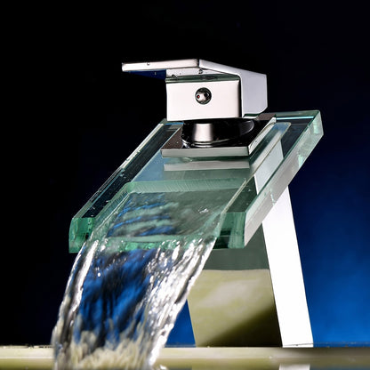 Chrome Contemporary Bathroom Faucet, Single-Handle Glass Waterfall Spout Faucet