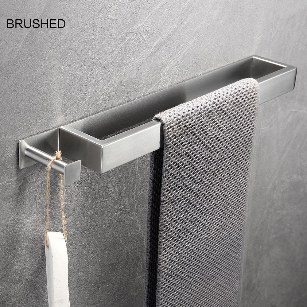 Modern Wall-Mounted Stainless Steel Towel Bar, Self-Adhesive Towel Rack with Integrated Hook, Matte Black / Chrome / Brushed Nickel / Brushed Gold