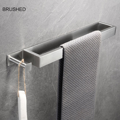 Modern Wall-Mounted Stainless Steel Towel Bar, Self-Adhesive Towel Rack with Integrated Hook, Matte Black / Chrome / Brushed Nickel / Brushed Gold