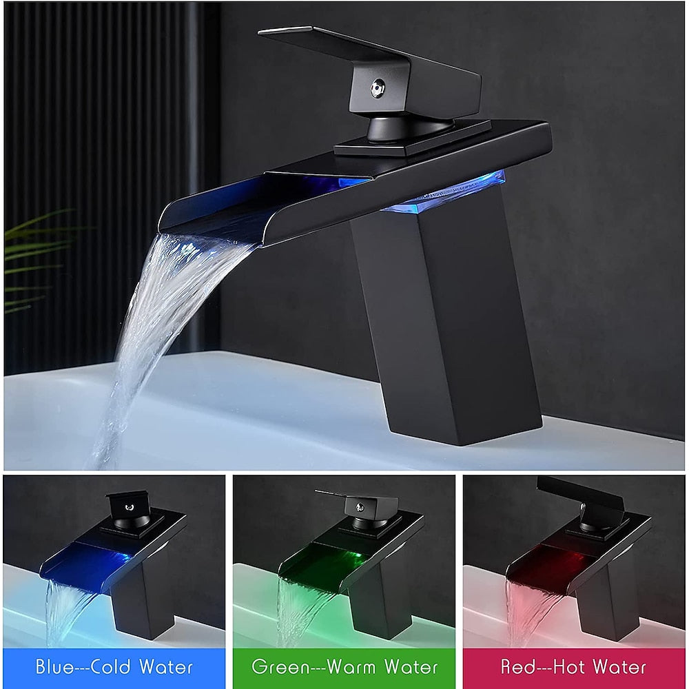 LED Waterfall Single-Hole Bathroom Faucet, Modern Single-Handle Brass Faucet, Chrome / Matte Black / Rose Gold / Polished Gold / Brushed Nickel / Brushed Gold / Matte White