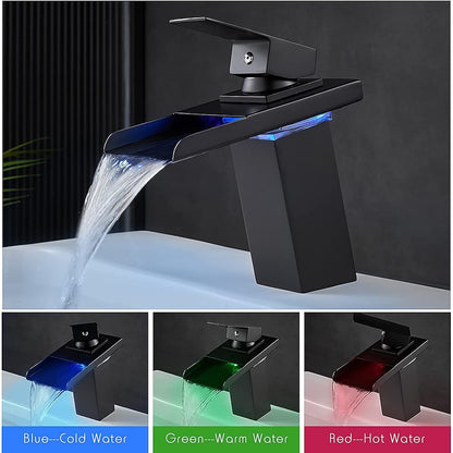 LED Waterfall Single-Hole Bathroom Faucet, Modern Single-Handle Brass Faucet, Chrome / Matte Black / Rose Gold / Polished Gold / Brushed Nickel / Brushed Gold / Matte White