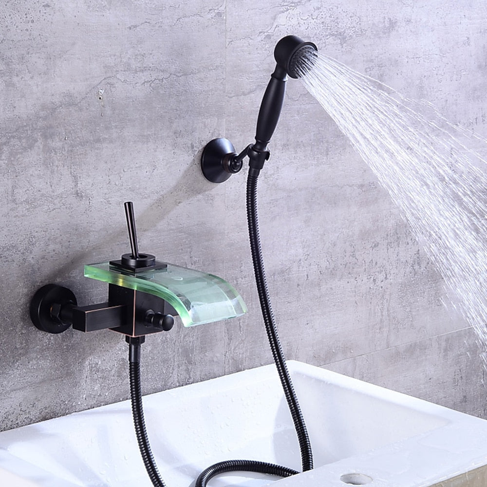 Waterfall Modern Wall-Mount Bathtub Faucet, Single-Handle Tub Filler Faucet with Handheld Shower, Oil-Rubbed Bronze / Chrome