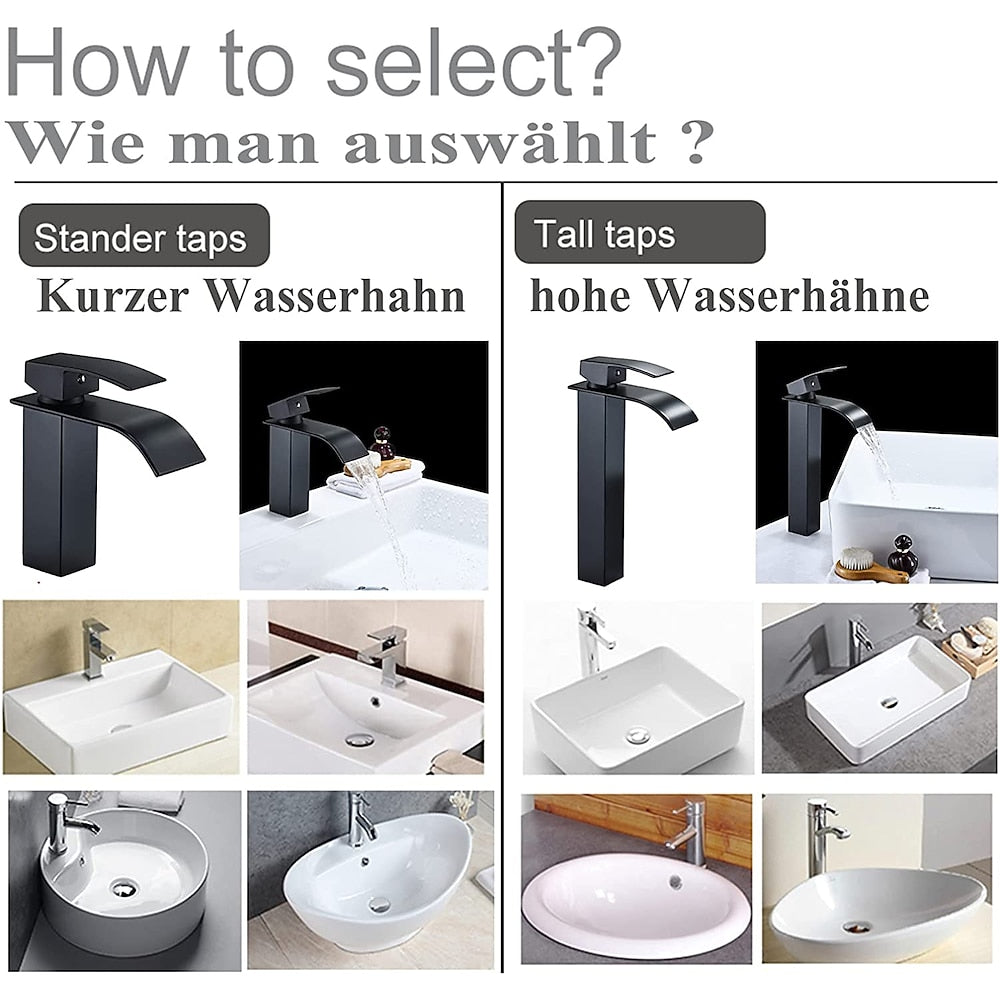 Waterfall Single-Hole Bathroom Faucet, Modern Single-Handle Vessel Sink Faucet, Matte Black / Polished Gold