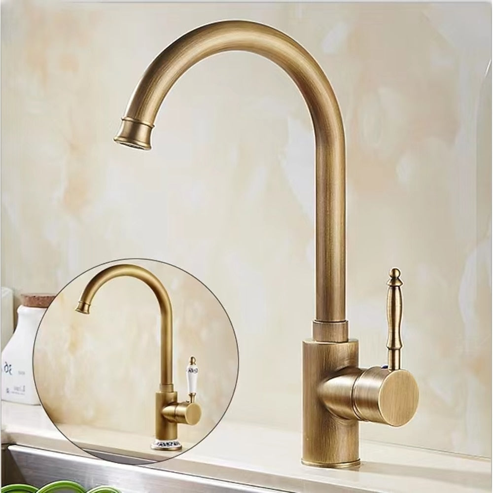 Antique Brass Retro Kitchen Faucet, Single-Handle Swivel Spout Faucet