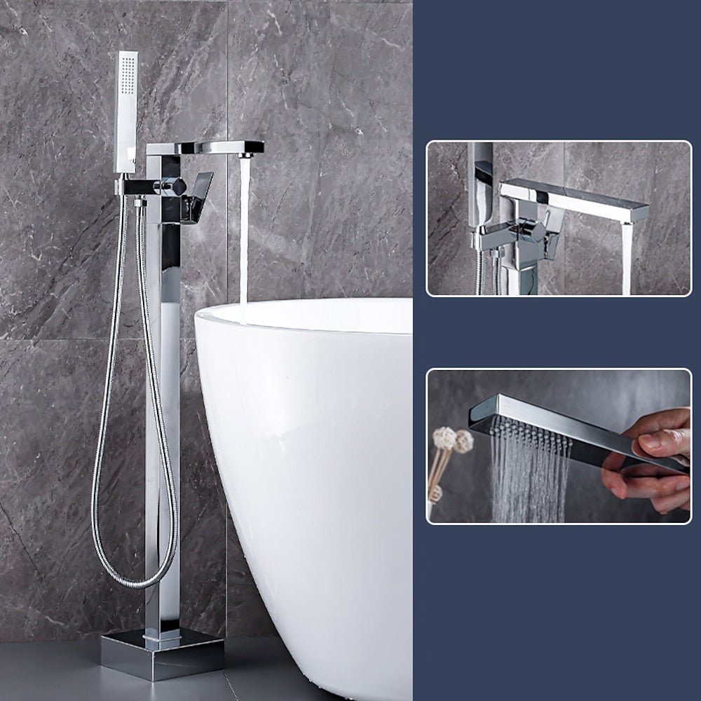 360-Degree Swivel Spout Freestanding Tub Filler Faucet, Single-Handle Floor-Mount Tub Faucet with Hand Shower, Chrome / Matte Black