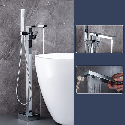 360-Degree Swivel Spout Freestanding Tub Filler Faucet, Single-Handle Floor-Mount Tub Faucet with Hand Shower, Chrome / Matte Black