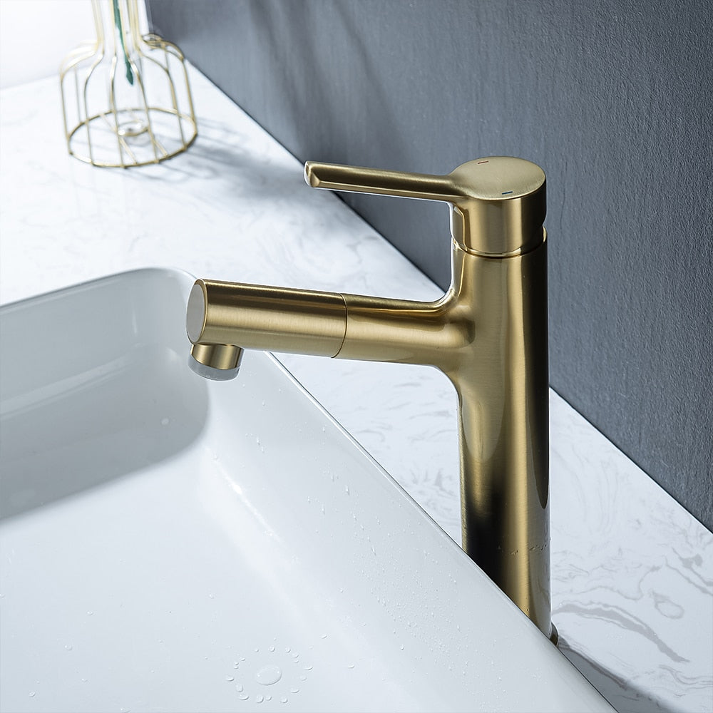 Pull-Out Single-Hole Bathroom Faucet, Modern Single-Handle Basin Faucet with 2-Mode Sprayer, Matte Black / Brushed Gold / Gunmetal