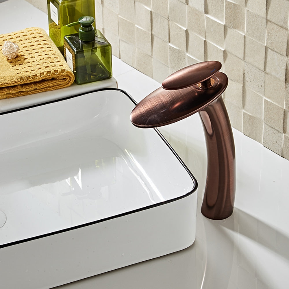 Modern Waterfall Bathroom Faucet, Single-Handle Brass Faucet, Matte Black / Chrome / Brushed Nickel / Brushed Gold / Polished Gold / Rose Gold / Oil-Rubbed Bronze / Venetian Bronze / Gunmetal / Matte White / Copper / Painted / Powder Coated