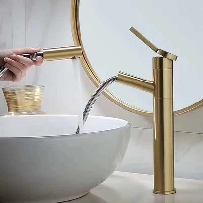 Brushed Gold Single-Hole Bathroom Faucet, Single-Handle Pull-Out Spout Faucet