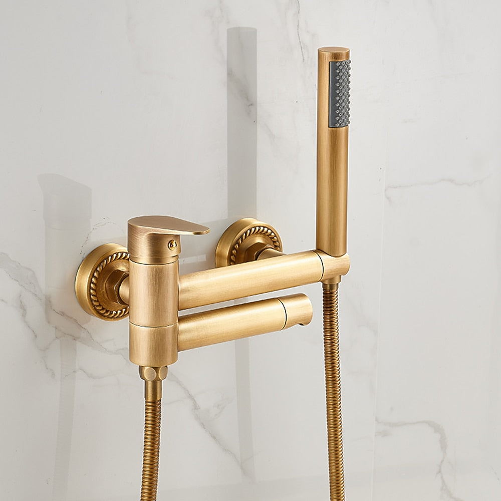 Wall-Mount Bathtub Faucet with Handheld Shower, Vintage Single-Handle Tub Filler, Antique Brass / Rustic Nickel