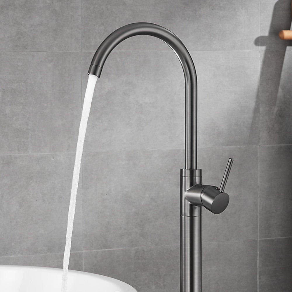 Gunmetal Contemporary Freestanding Tub Faucet, Single-Handle Brass Faucet, High Arc Spout Faucet