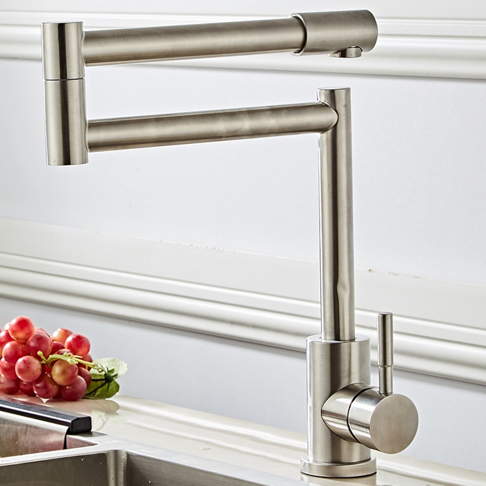 Brushed Nickel Double-Jointed Folding Kitchen Faucet, Single-Handle Deck-Mount Pot Filler Faucet