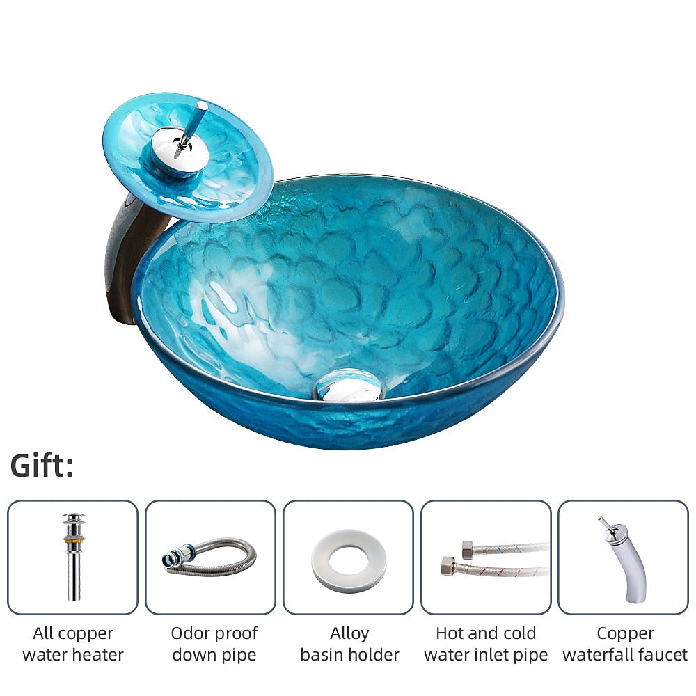 Blue Tempered Glass Vessel Sink with Chrome Waterfall Faucet, Modern Single-Hole Bathroom Vanity Basin Set with Pop-Up Drain