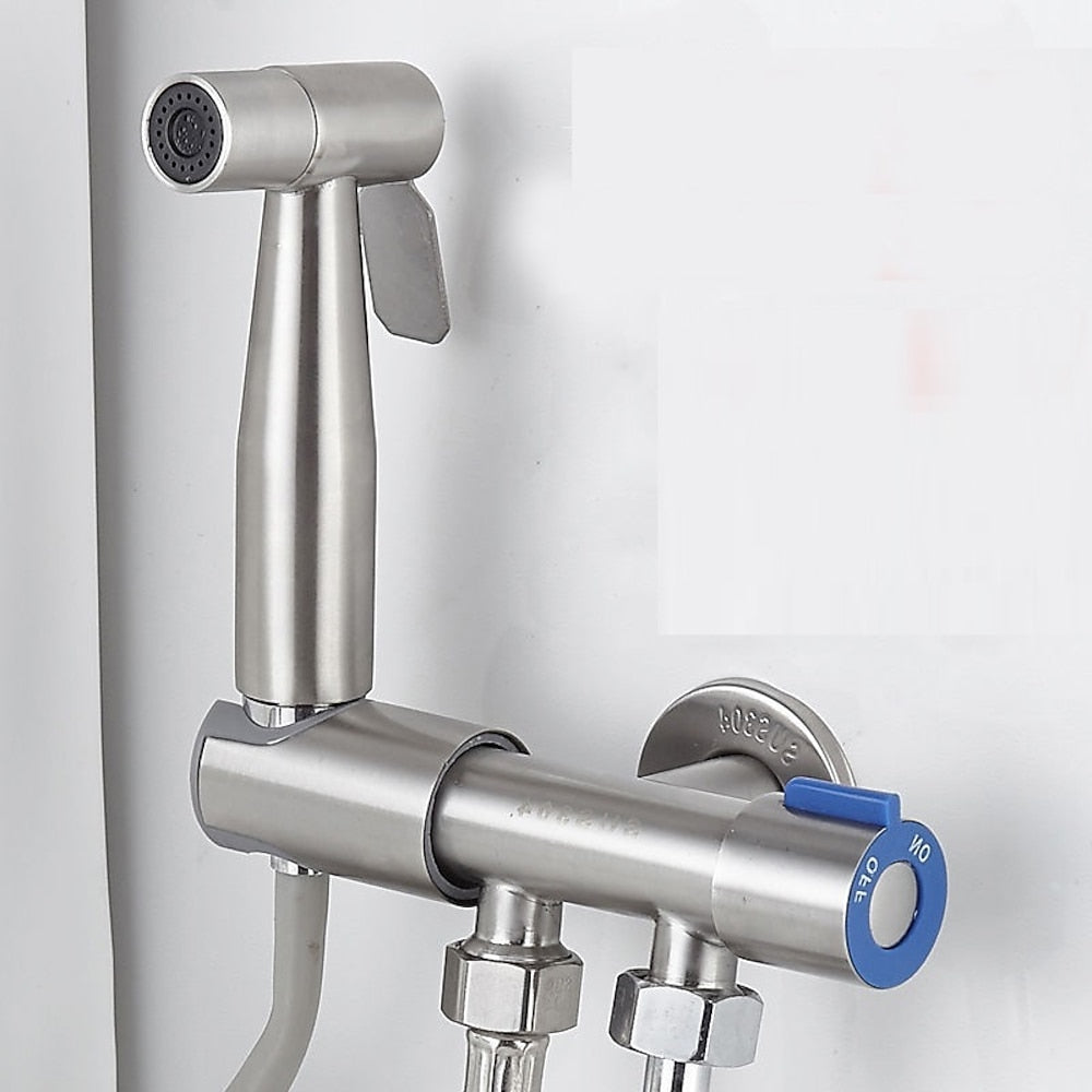 Wall-Mount Stainless Steel Handheld Toilet Bidet Sprayer Kit with Hose, Dual-Control T-Valve Sprayer, Matte Black / Stainless Steel