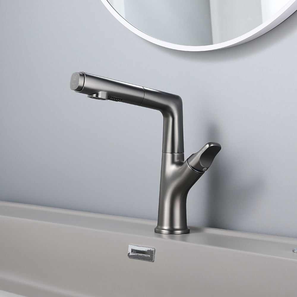 Pull-Out Spout Modern Bathroom Faucet, Single-Handle Single-Hole Swivel Faucet, Matte White / Chrome / Gunmetal