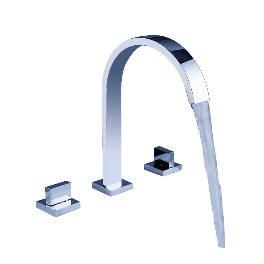 Chrome Waterfall Widespread Bathroom Faucet, Contemporary 3-Hole Double-Handle Faucet with High Arc Swivel Spout