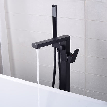 360-Degree Swivel Spout Freestanding Tub Filler Faucet, Single-Handle Floor-Mount Tub Faucet with Hand Shower, Chrome / Matte Black