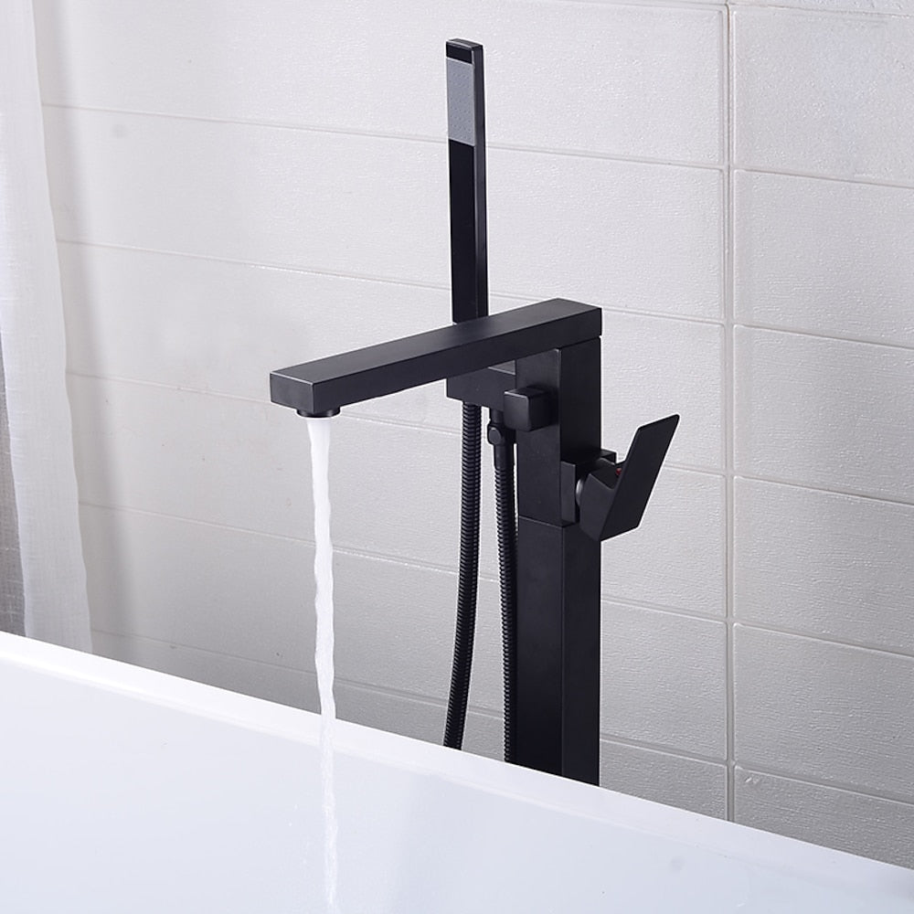 Modern Freestanding Floor-Mount Tub Filler Faucet, Single-Handle Brass Faucet with Handheld Shower, Matte Black / Chrome