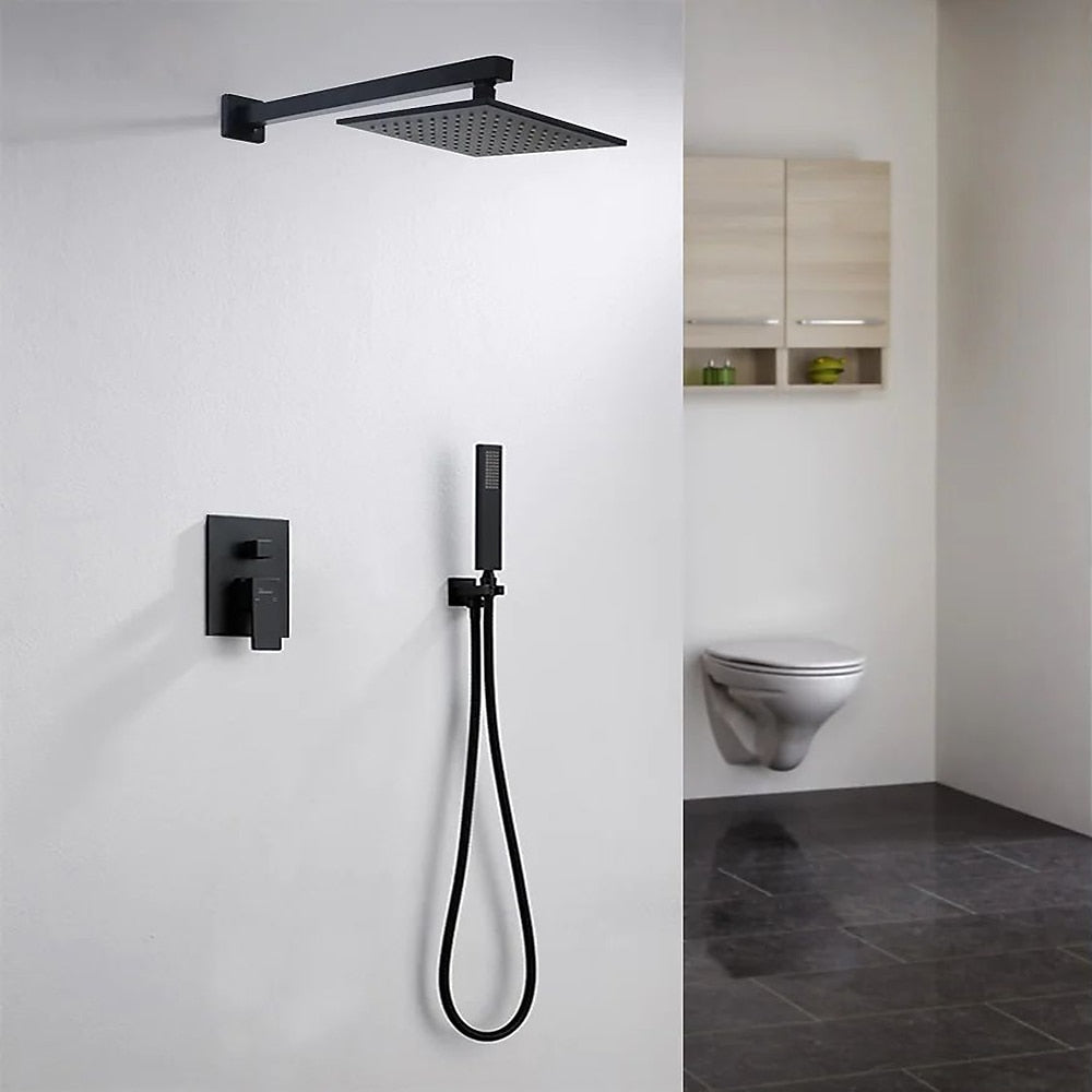 Modern Matte Black Wall-Mounted Shower System, 8-Inch Rain Shower Faucet Set with Handheld Spray