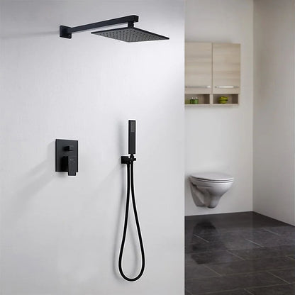Modern Matte Black Wall-Mounted Shower System, 8-Inch Rain Shower Faucet Set with Handheld Spray