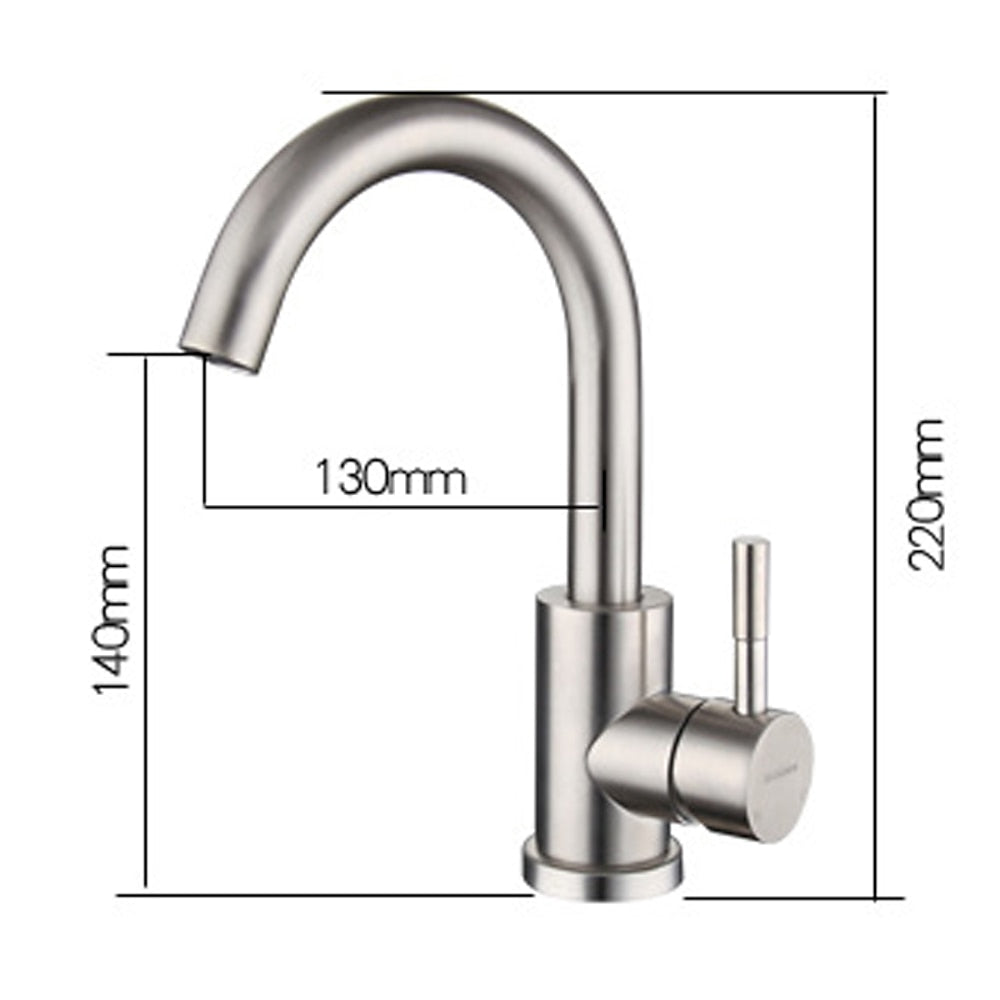 Stainless steel kitchen faucet with dimensions labeled on a white background