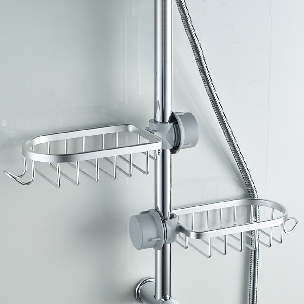 Modern Aluminum Faucet Storage Rack, Clamp-On Sink Caddy Organizer with Integrated Hooks, Black / Silver