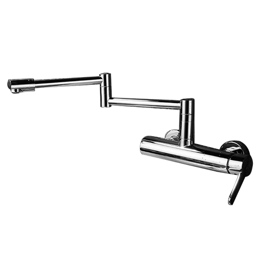 Chrome Wall-Mount Kitchen Faucet, Double-Joint Folding Swivel Spout Brass Faucet