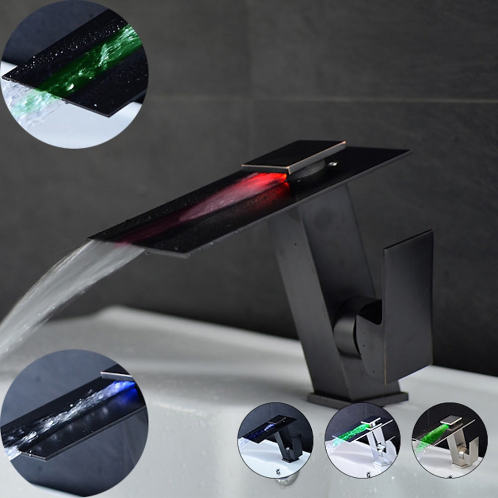 LED Waterfall Bathroom Faucet, Single-Hole Single-Handle Brass Faucet, Brushed Nickel / Chrome / Oil-Rubbed Bronze