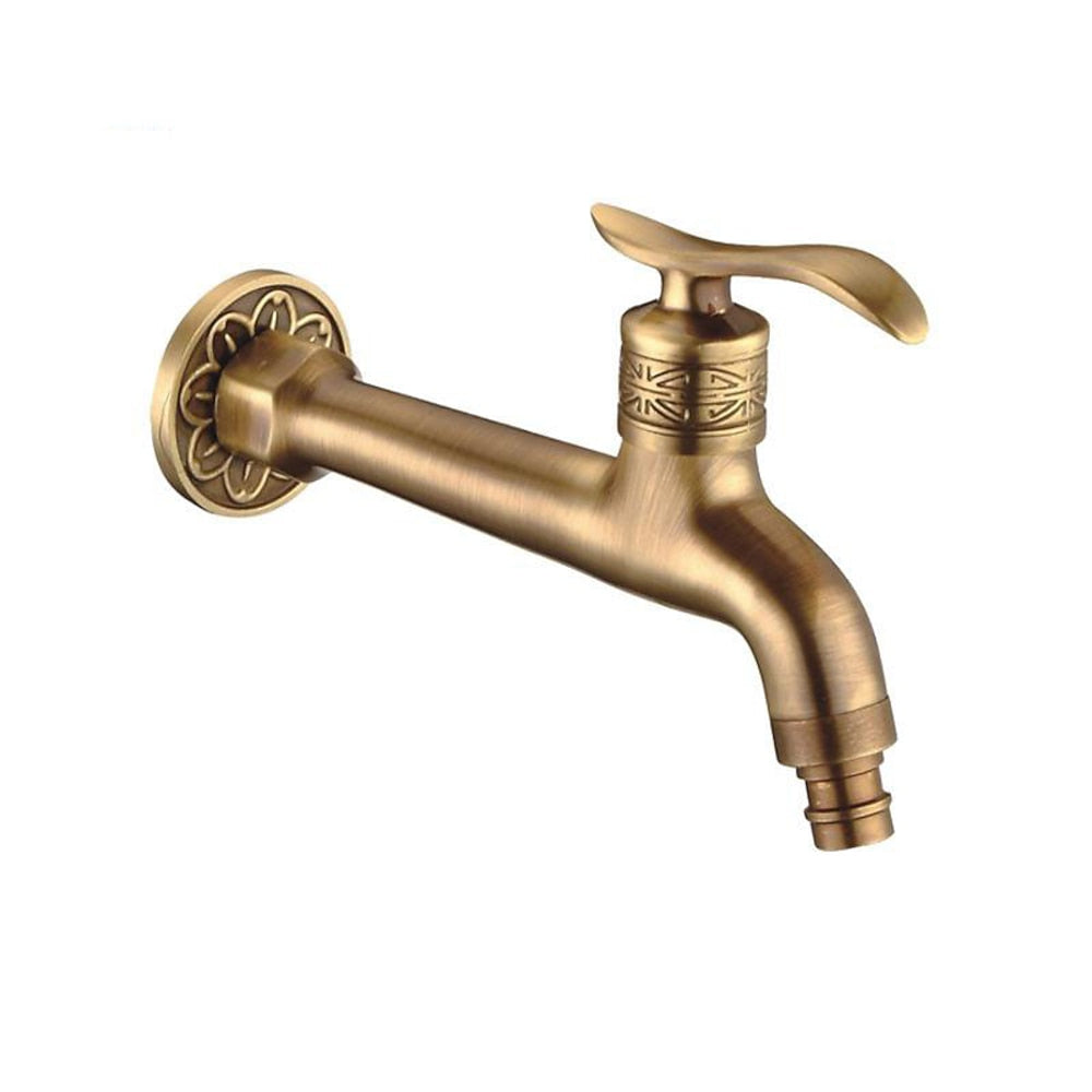 Vintage Carved Single-Cold Faucet, Wall-Mount Brass Washing Machine Faucet, Antique Brass / Polished Gold