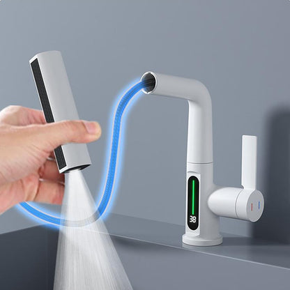 LED Digital Display Waterfall Bathroom Faucet, Single-Handle Pull-Out Faucet, Chrome / Gunmetal / Matte Black / Matte White