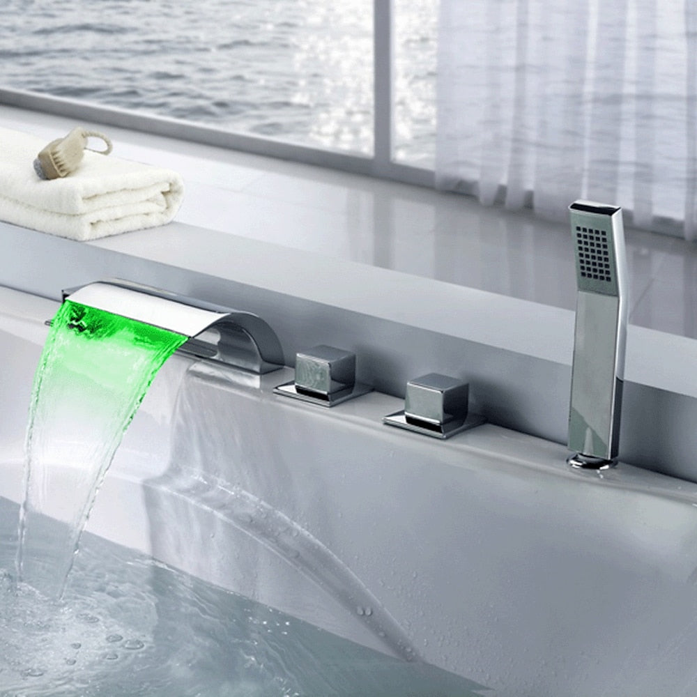 Chrome LED Waterfall Roman Tub Faucet, 5-Hole 3-Handle Deck Mount Faucet with Handheld Shower