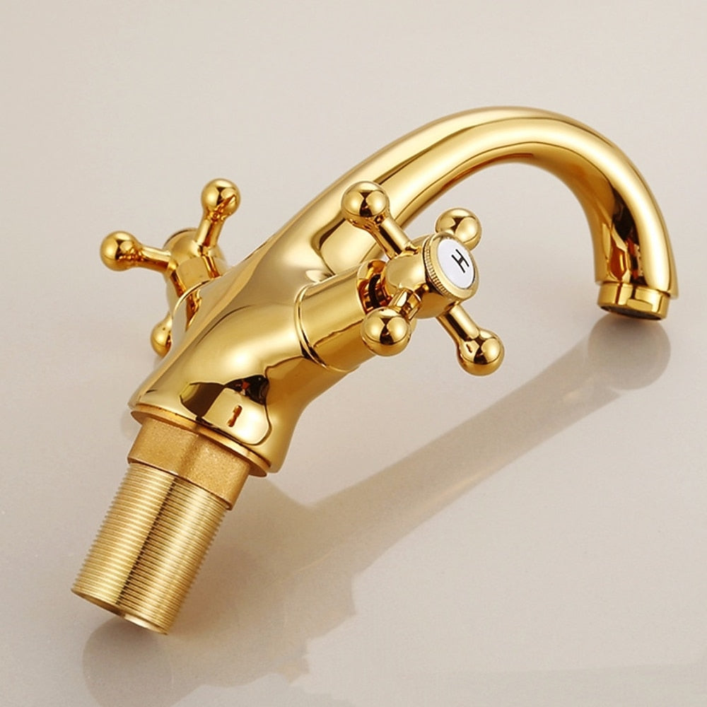 Polished Gold Single-Hole Bathroom Faucet, Traditional Dual-Handle Cross Faucet with High Arc Spout