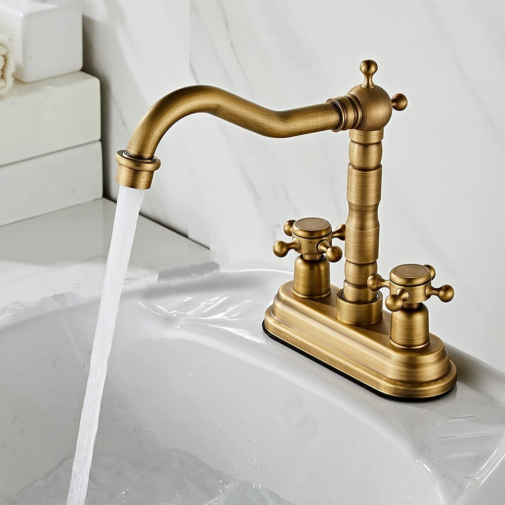 Antique Brass Swivel Spout Bathroom Faucet, Vintage Double-Handle Centerset Faucet