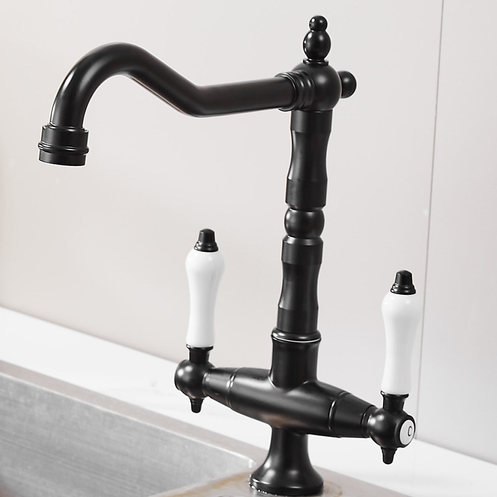 360-Degree Swivel High Arc Brass Faucet, Traditional Single-Hole Two-Handle Bathroom Faucet, Chrome / Matte Black / Antique Brass