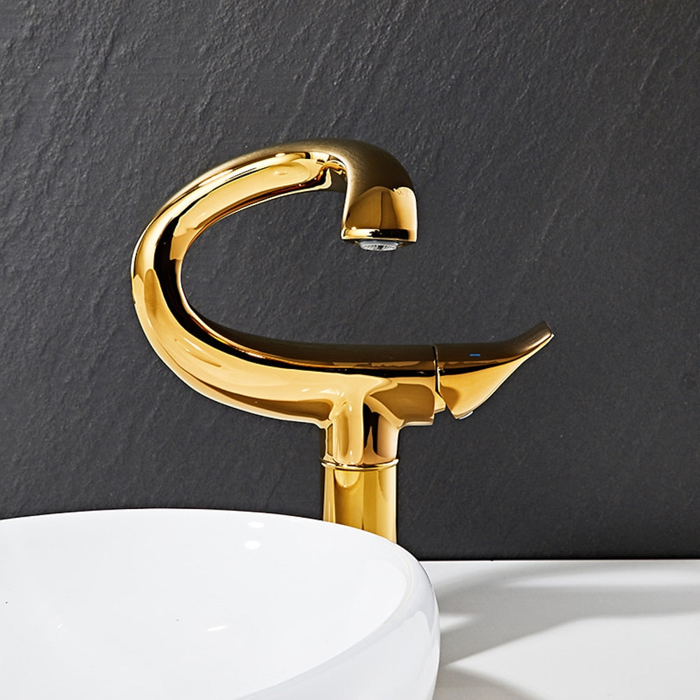 Curved High Arc Vessel Bathroom Faucet, Single-Handle Single-Hole Tall Brass Faucet