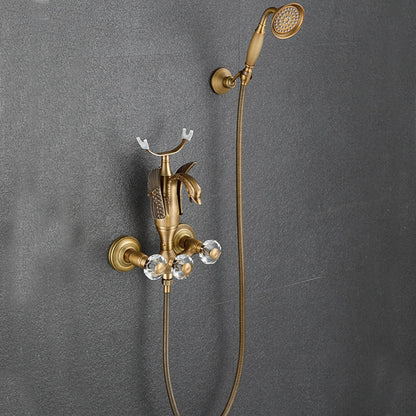 Swan Spout Wall-Mount Bathtub Faucet, Dual-Handle Tub Filler with Handheld Shower, Antique Brass / Matte Black / Chrome / Polished Gold