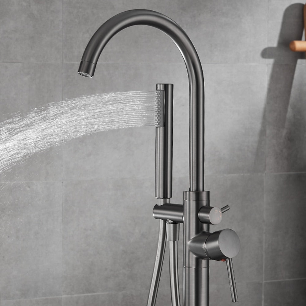 Gunmetal Floor-Mount Freestanding Tub Filler Faucet, Single-Handle Swivel Spout Bathtub Faucet with Handheld Shower