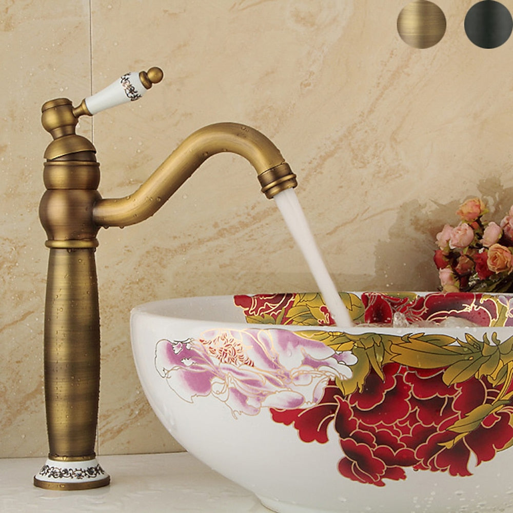 Vintage High-Arc Vessel Sink Faucet, Single-Handle Deck-Mounted Faucet, Brass Faucet with Ceramic Lever Handle, Antique Brass / Matte Black