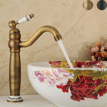 Vintage High-Arc Vessel Sink Faucet, Single-Handle Deck-Mounted Faucet, Brass Faucet with Ceramic Lever Handle, Antique Brass / Matte Black