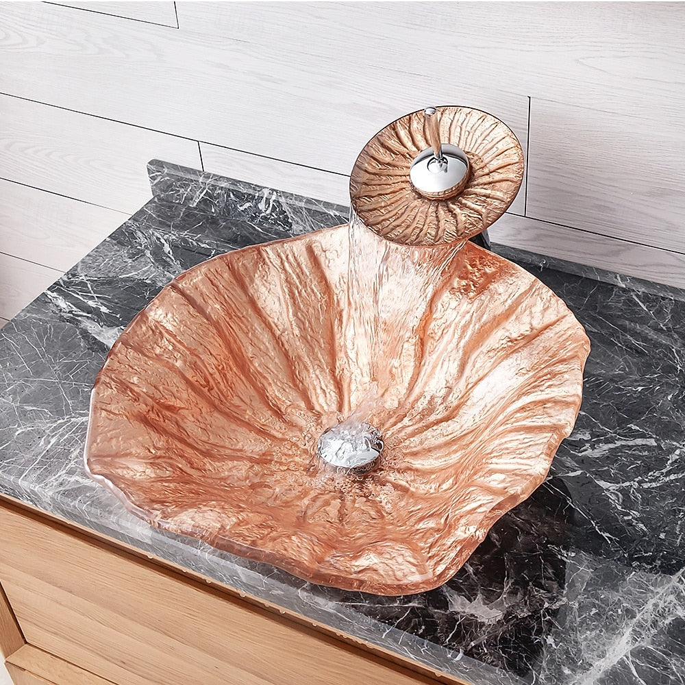 Rose Gold Waterfall Tempered Glass Vessel Sink, Single-Handle Chrome Faucet with Pop-Up Drain